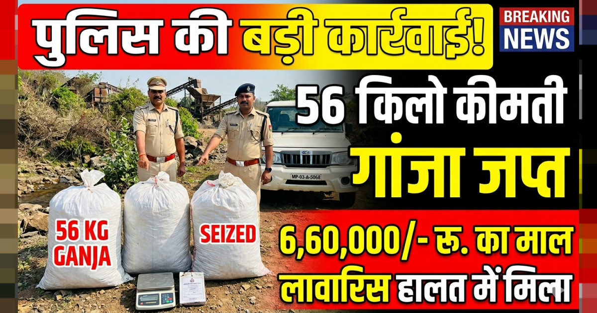 पुलिस की बड़ी कार्रवाई: झाड़ियों में छिपाकर रखा 56 किलो गांजा जप्त, कीमत ₹6.60 लाख