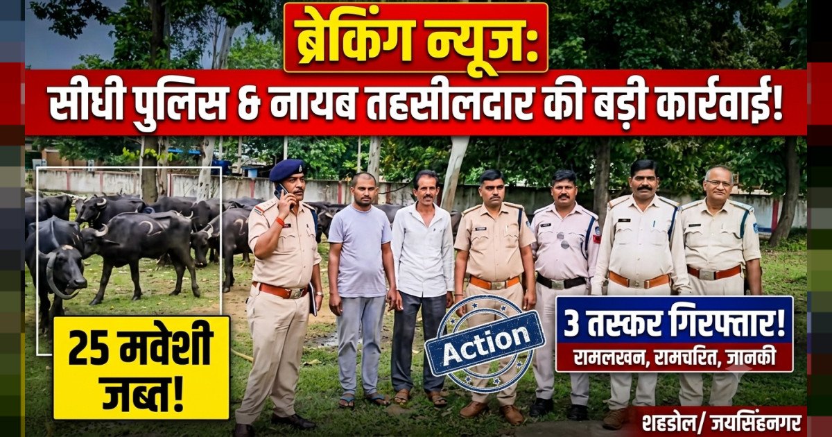सीधी पुलिस और नायब तहसीलदार की बड़ी कार्रवाई, 25 मवेशी जब्त, 3 तस्कर गिरफ्तार